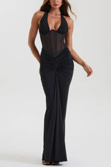 Halter Mesh Panel Maxi Dress S / Black