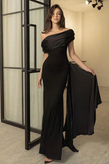 Black One Shoulder Flowy Sleeve Formal Dress