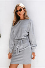 Ribbed Knit Belted Sweater Dress