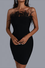 Black Feather Strapless Bandage Party Dress