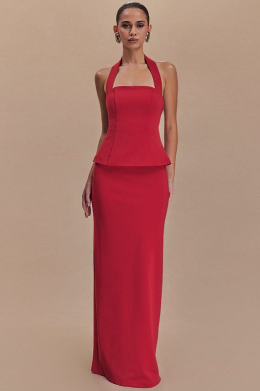 Solid Halter Backless Maxi Formal Dress