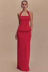 Solid Halter Backless Maxi Formal Dress