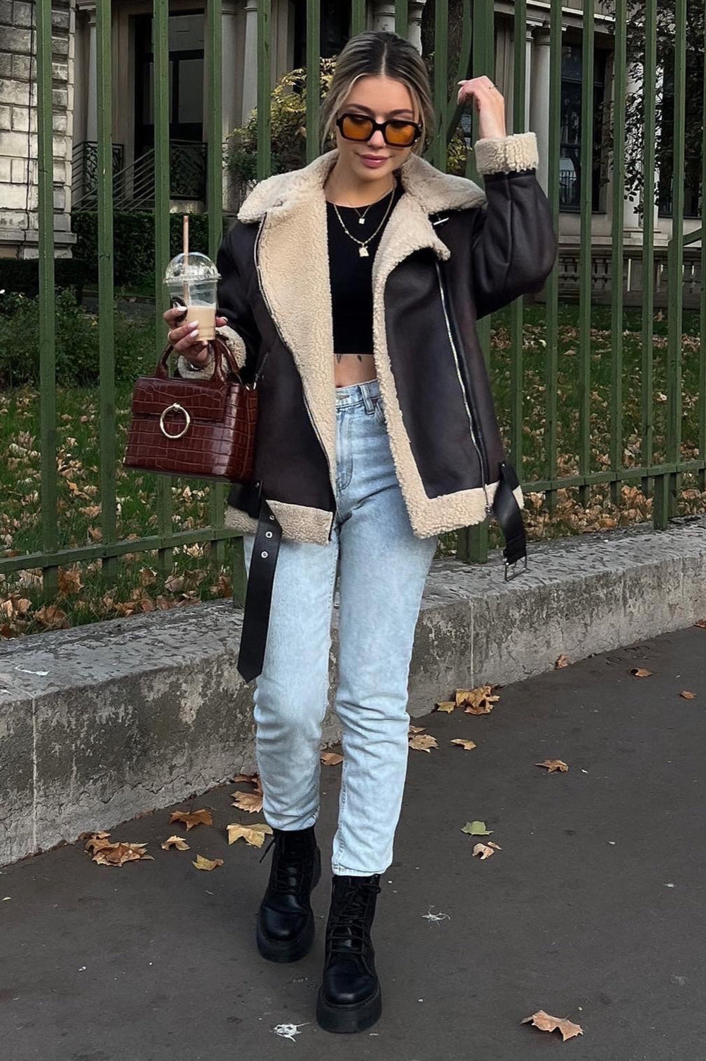 Multi Zip Faux Shearling Longline Jacket