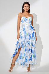 Slit Ruffled Floral Print Party Dress S / Blue