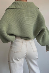 Lantern Sleeve Open Collar Knit Sweater