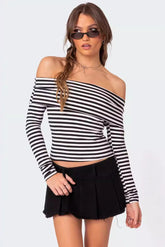 Slim Fit Striped Slit Neck Knit Top