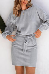 Ribbed Knit Belted Sweater Dress