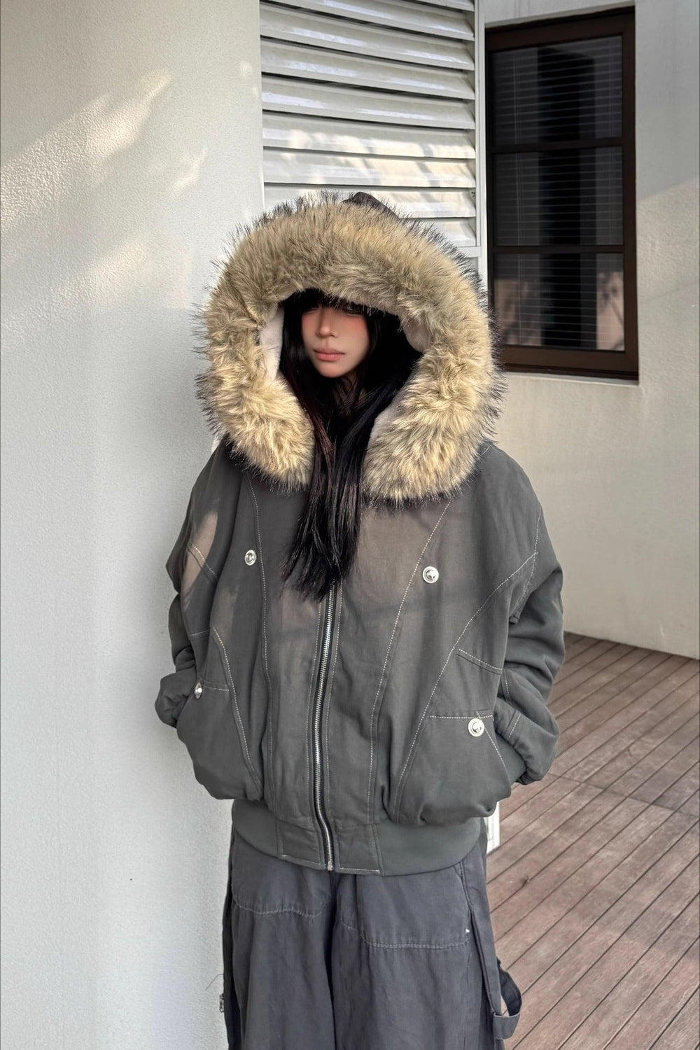 Black Short Puffer Fur Collar Jacket