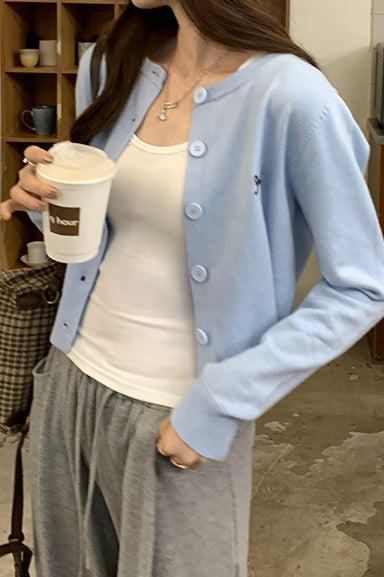 Bow Embroidered Knit Cardigan Blue / S