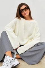Solid Knit Crewneck Pullover Sweater S / White