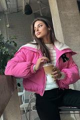 Polar Fleece Patchwork Faux Fur Collar Puffer Jacket S / Pink