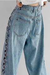 Side Braided Cutout Wide Leg Jeans