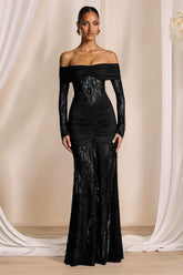 Elegant Lace Off Shoulder Long Sleeve Formal Dress Black / S