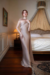 Elegant Satin Slant Neck Sheath Formal Dress