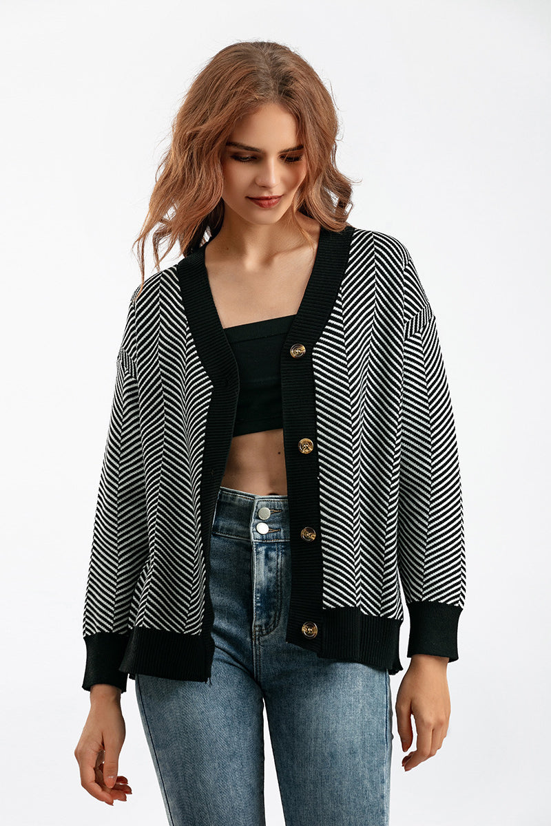 Striped V Neck Buttoned Knit Sweater One Size / Dark Gray