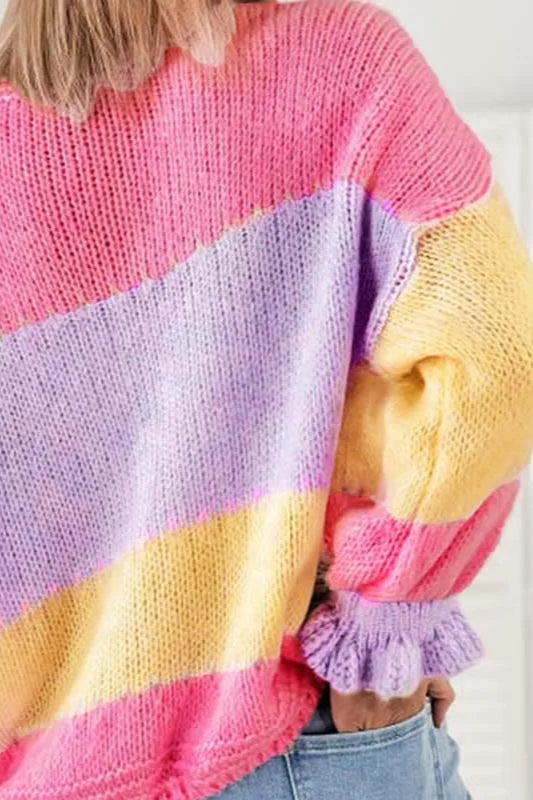 Colorblock Knit V Neck Cardigan