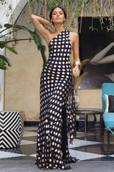 Polka Dot Halter Backless Bodycon Maxi Dress