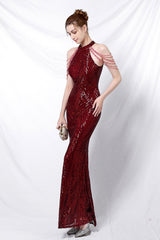 Sequin Halter Mermaid Maxi Party Dress Red / S