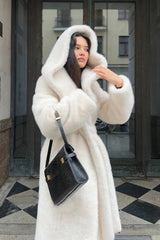 Long Hooded Belted Mink Faux Fur Overcoat