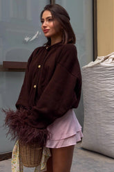 Button Accented Solid Feather Paneled Sweater