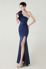 Ruffled Floral One Shoulder Satin Party Dress