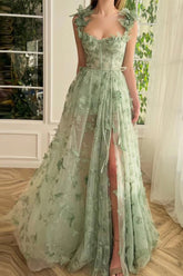 Sheer Tulle Spaghetti Strap High Slit Party Dress S / Green