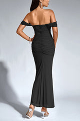 Boned Mesh Ruched Backless Formal Dress