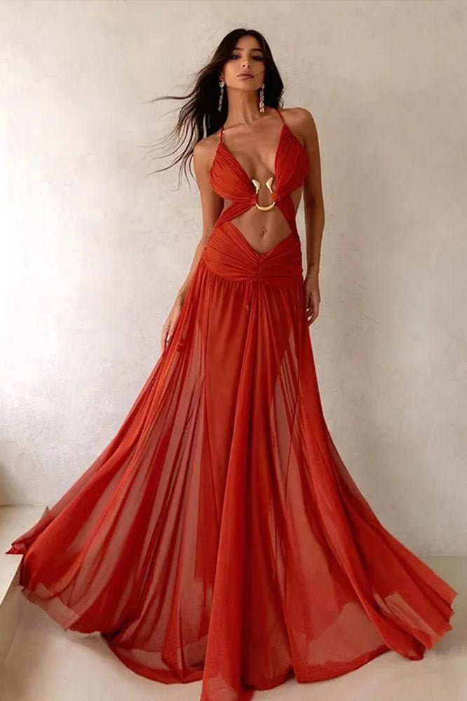 Mesh Hollow Out Boho Dress Red / S