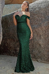 Sequin Off Shoulder Slit Formal Dress