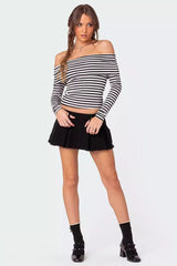 Slim Fit Striped Slit Neck Knit Top