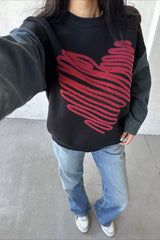 Heart Pattern Crewneck Denim Sweater