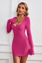 Buttoned U-Neck Bodycon Sweater Dress S / Pink
