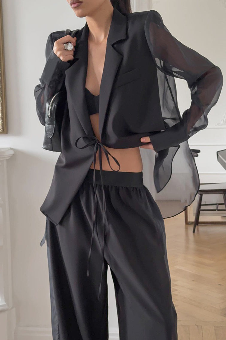Mesh Tie Waist Wide Leg Pants Blazer