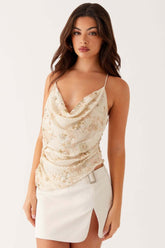 Printed Sequin Back Tie Tank Top