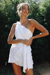 One-Shoulder Belted Asymmetrical Cocktail Dress S / White