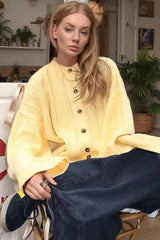 Yellow Ribbed Round Neck Knit Cardigan S / Yellow