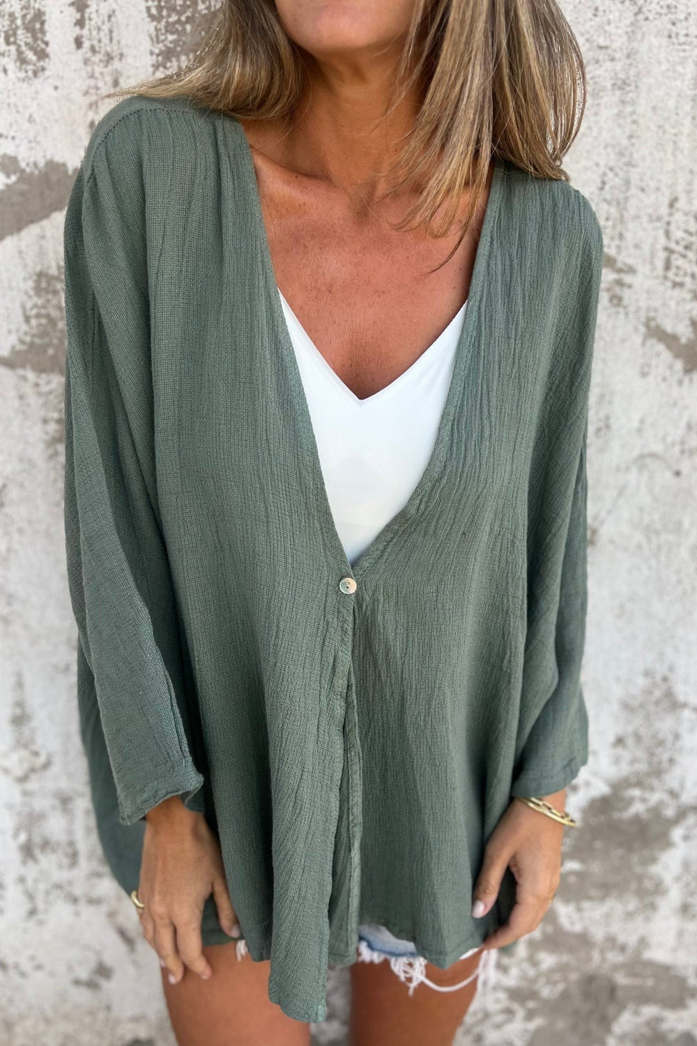 Loose Fit V Neck Long Sleeve Cardigan Green / S