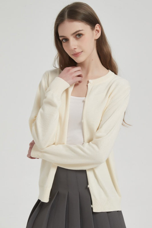 Cotton Round Neck Cardigan Beige / S