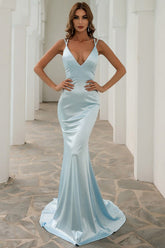 V Neck Back Tie Mermaid Formal Dress XS / Blue