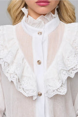 Lace Trim Stand Collar Chiffon Blouse