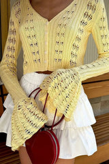 Hollow Out Knit V Neck Long Sleeve Cardigan Yellow / S