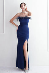 Elegant Feather Trim Strapless Formal Dress