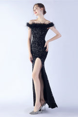 Velvet Sequin Ostrich Feather Off Shoulder Formal Dress