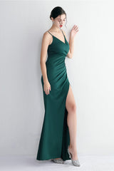 Long Satin Slit Halter Sheath Formal Dress