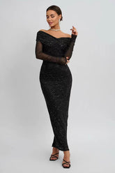 Strapless Mesh Long Sleeve Maxi Party Dress