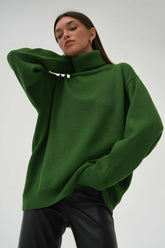 Turtleneck Loose Knit Pullover Sweater Dark Green / S