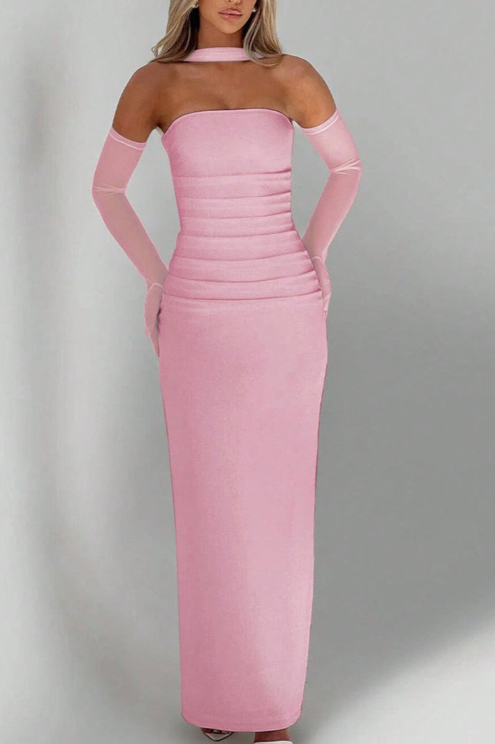 Sheer Sleeve Bustier Gown Formal Dress S / Pink