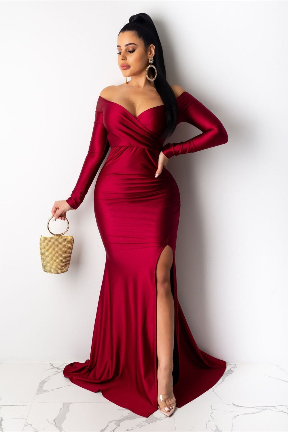 Long Sleeve Bodycon Maxi Formal Dress S / Red