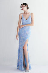 Elegant Velvet Sequin Party Dress Blue / S