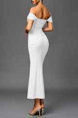 Boned Mesh Ruched Backless Formal Dress